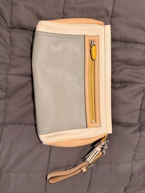 Coach Colorblock Pebble Leather Wristlet in Gray, Cream & Tan